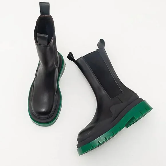 Black Leather w/Green Sole Lug Boots - Picture 3 of 3